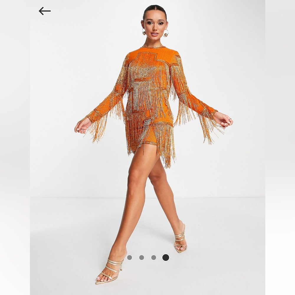 ASOS DESIGN embellished shift mini dress with beaded fringe in orange sz 10